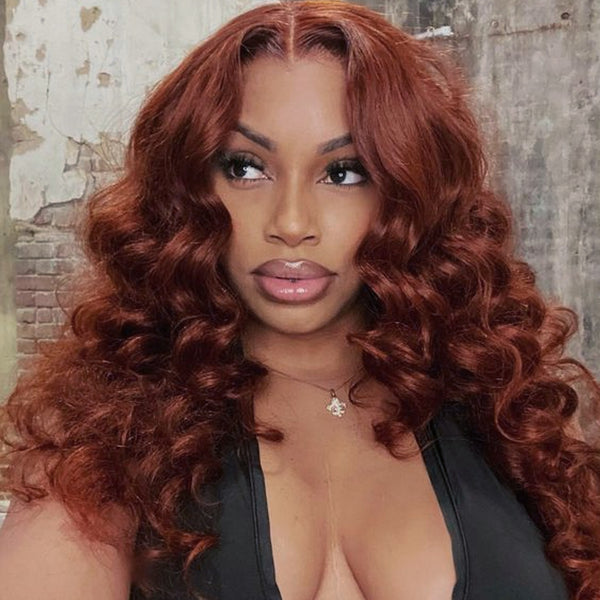 MORE FACE – perruque Lace Frontal Wig naturelle, cheveux humains, ample, brun rougeâtre profond, pré-épilée, transparente, 13x4