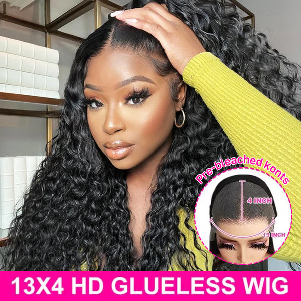 MORE FACE Pre-Bleached Knots Water Wave Glueless Wig Pre-Cut Quick Install Wear Go Wig 13x4 HD Lace Front Human Hair Wigs