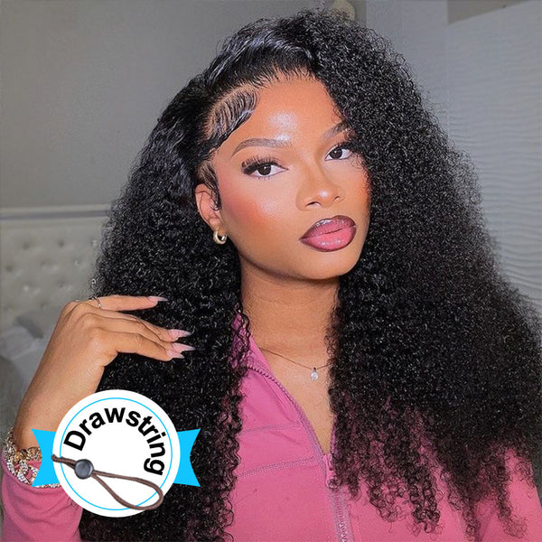 More Face Kinky Curly 13x6 HD Lace Frontal Wigs Pre Bleached Knots Human Hair Wigs With Elastic Drawstring